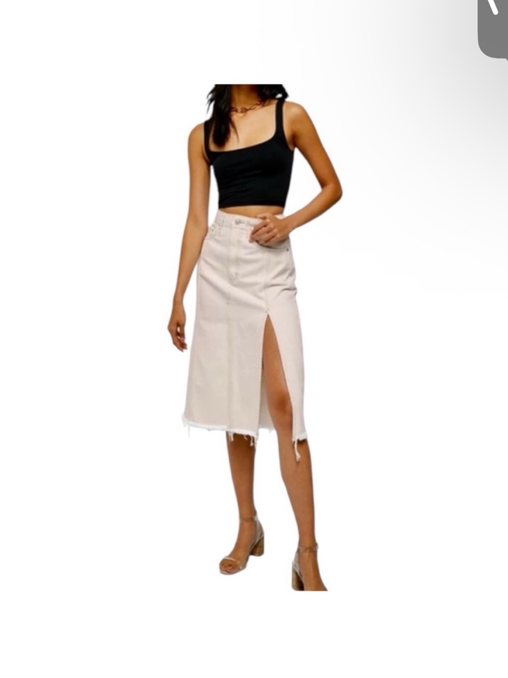 We The Free Cream Midi Denim Skirt with Front Slit